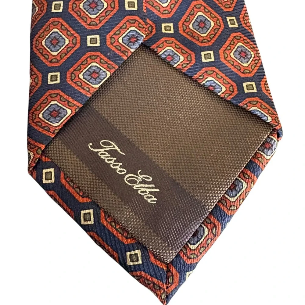 Tasso Elba 100%‎ Silk Tie Geometric Red Navy Diamond Pattern 60